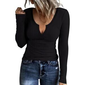 AKEWEI Women's Soft V Neck Ribbed Knit Shirts Basic Long Sleeve Top 2XL